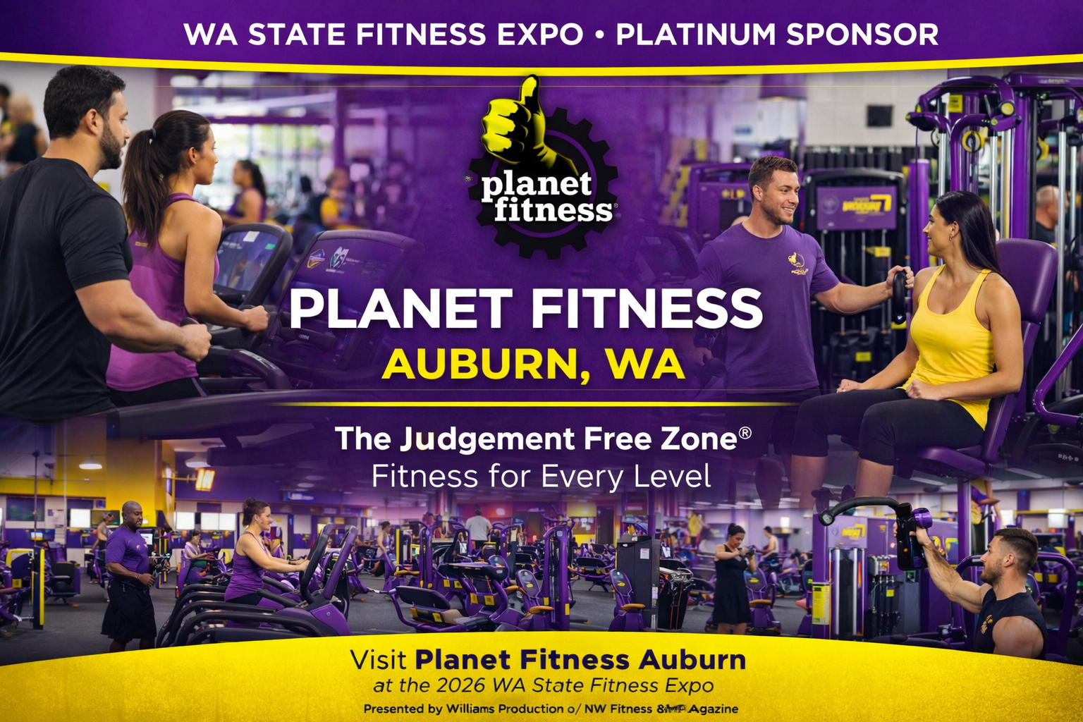 Planet Fitness Auburn Washington gym interior with members using cardio and strength machines in the Judgement Free Zone workout environment.