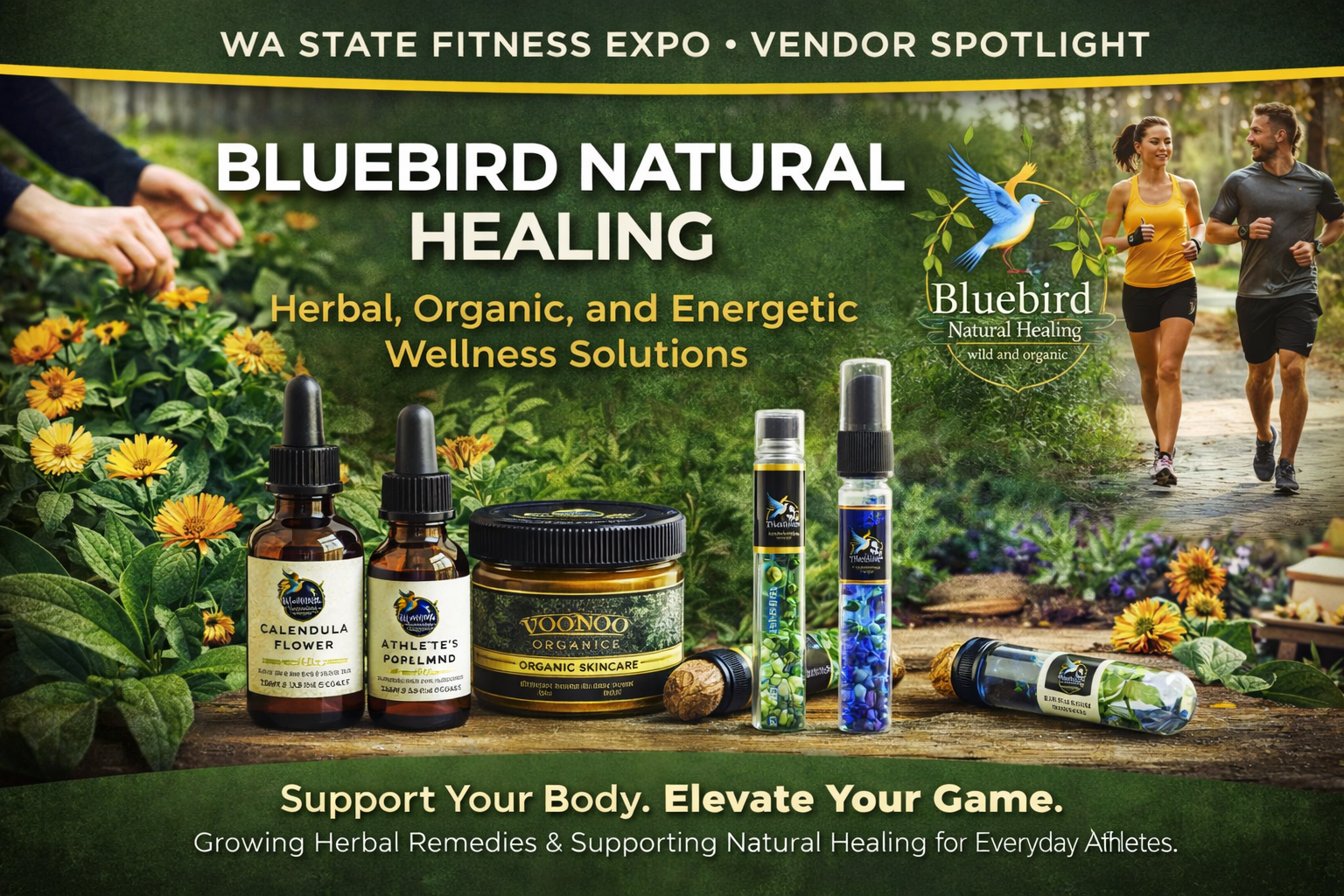 Promotional image for Bluebird Natural Healing, a featured vendor at the Washington State Fitness Expo. The image highlights small-batch herbal remedies, organic skincare products, and energetic wellness tools crafted from botanicals grown on a Pacific Northwest medicinal herb farm. Bluebird Natural Healing specializes in plant-based wellness solutions, custom herbal formulas, and natural products designed to support athletes, fitness enthusiasts, and holistic health seekers.