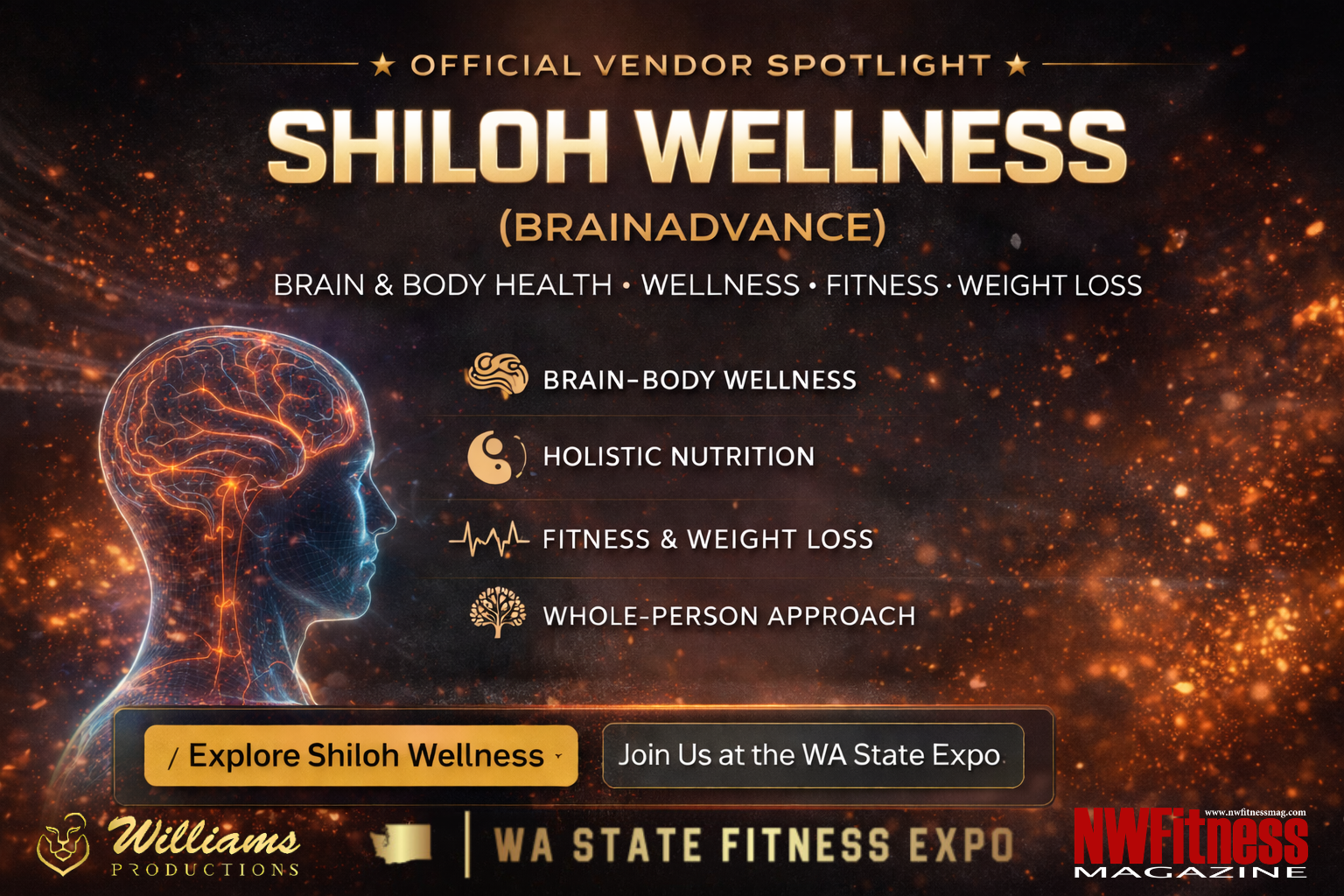 Shiloh Wellness BrainAdvance vendor spotlight graphic highlighting brain-body wellness, holistic nutrition, fitness, and weight loss at the WA State Fitness Expo.
