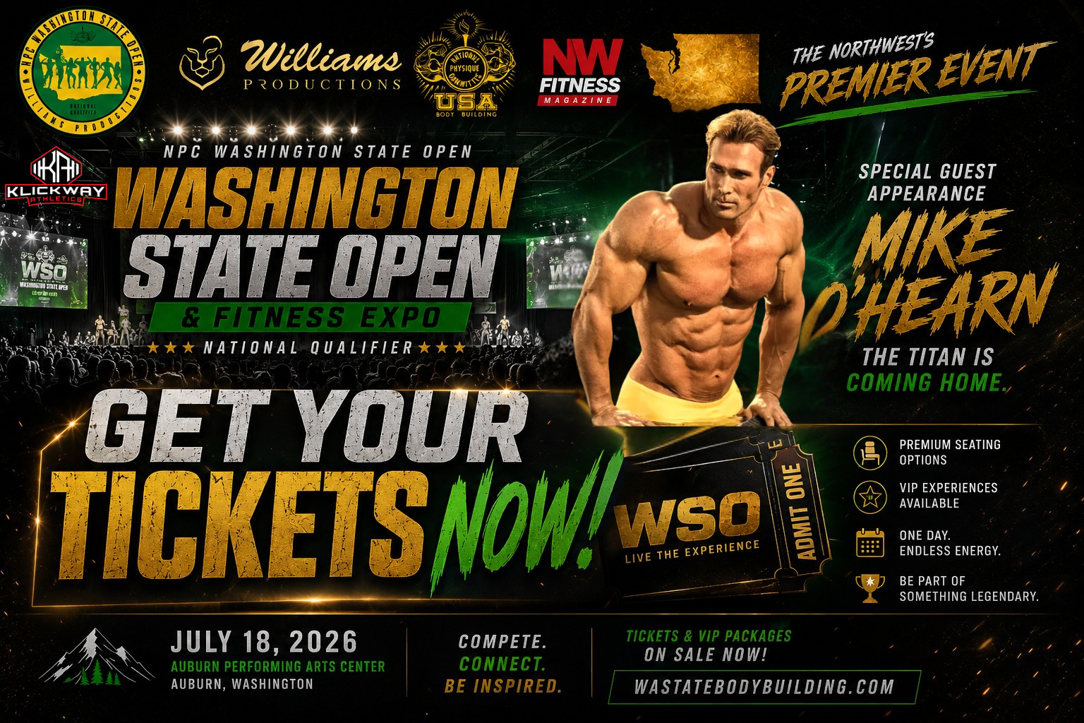 Mike O’Hearn featured on the 2026 NPC WA State Open and Fitness Expo ticket promotion graphic. National Qualifier bodybuilding competition and fitness expo at the Auburn Performing Arts Center in Auburn, Washington on July 18, 2026.