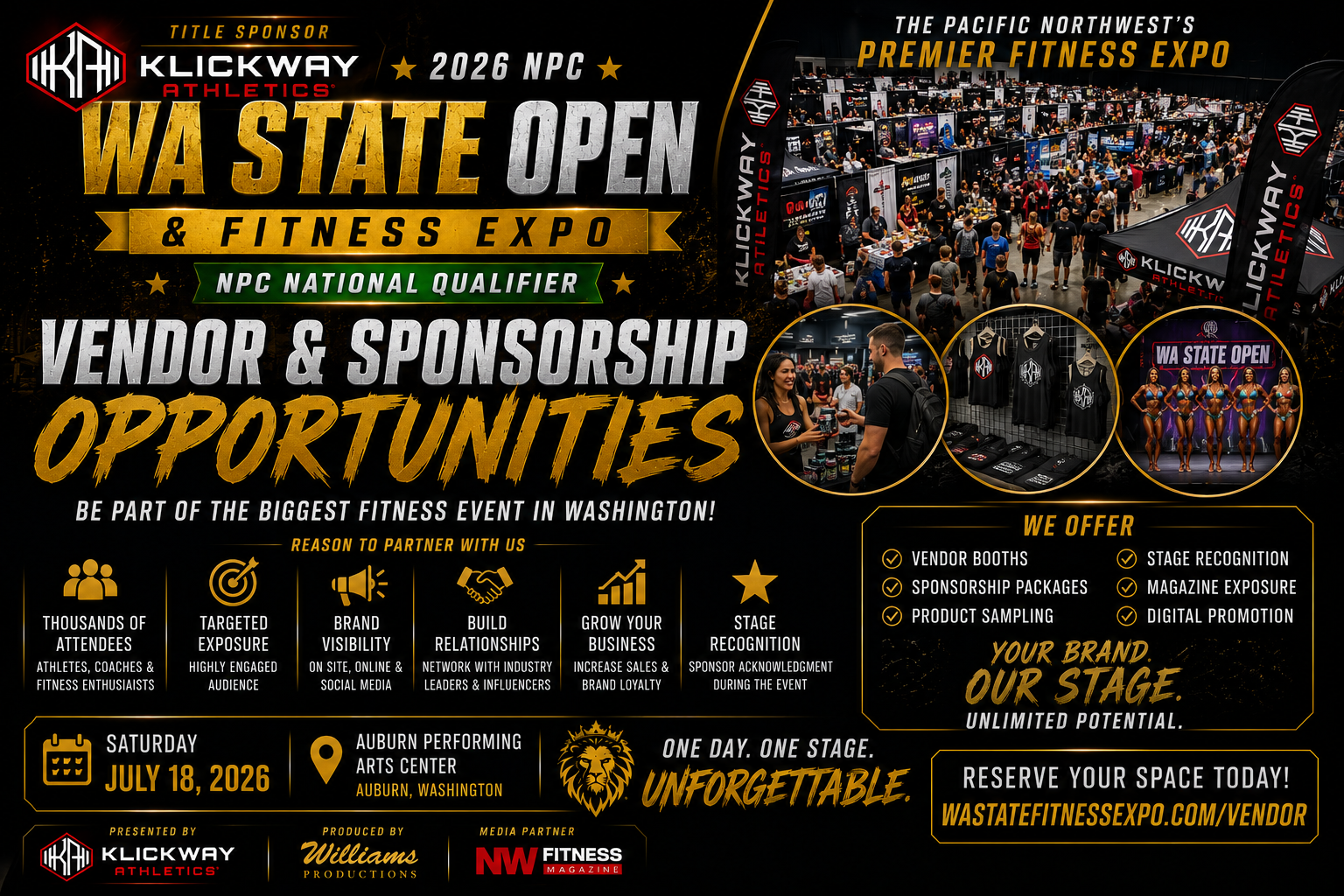 2026 WA State Fitness Expo vendor and sponsorship opportunity graphic featuring Klickway Athletics title sponsorship, vendor booths, fitness expo exhibitors, bodybuilding competition, business networking, product sampling, and sponsor exposure opportunities in Auburn, Washington.
