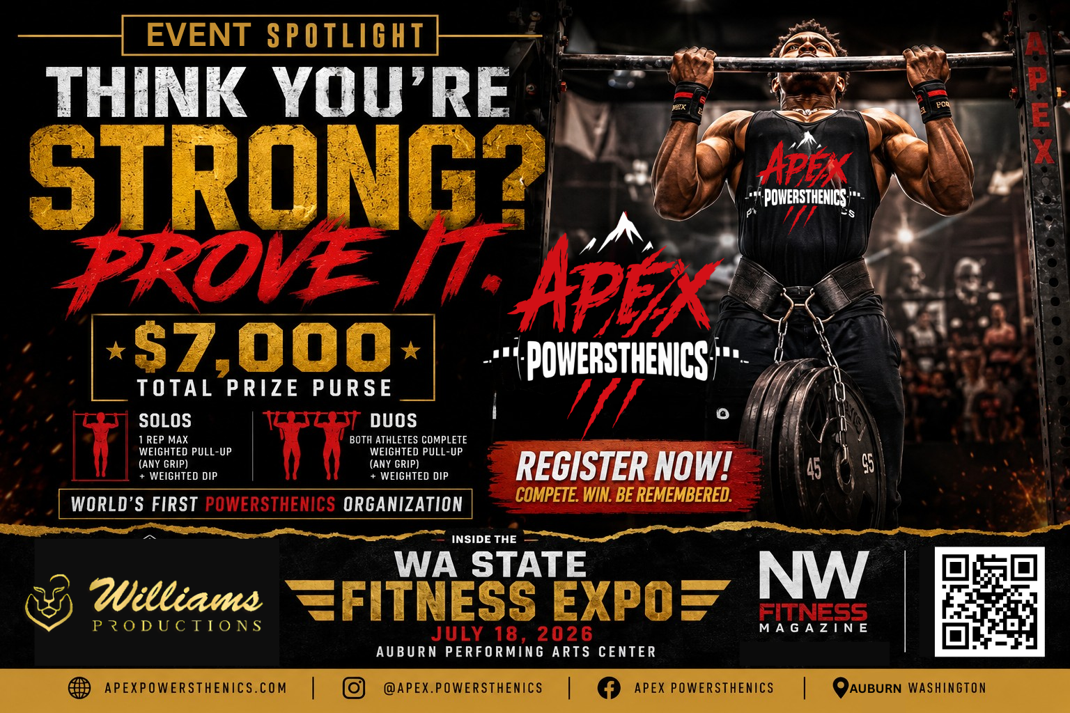 Vendor Spotlight graphic featuring Apex Powersthenics, a competitive weighted calisthenics organization participating in the WA State Fitness Expo and promoting strength sports, weighted pullups, and athlete competitions.