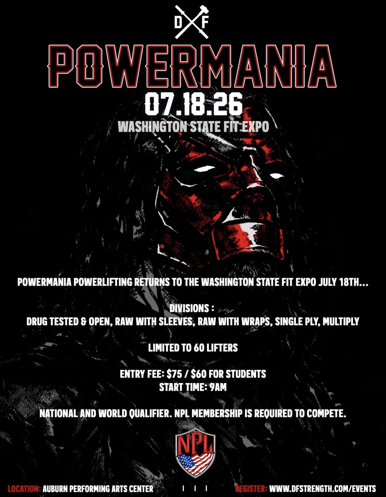 NPL Powermania 2026 powerlifting competition at WA State Fitness Expo in Auburn Washington featuring national level powerlifting meet and worlds qualifier